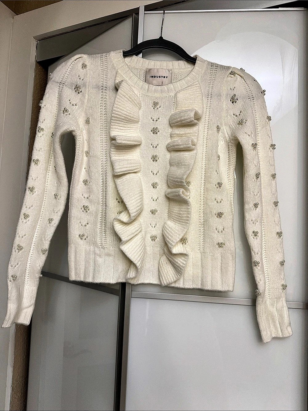 INDUSTRY Beaded Ruffle Sweater in White Size XS Like New